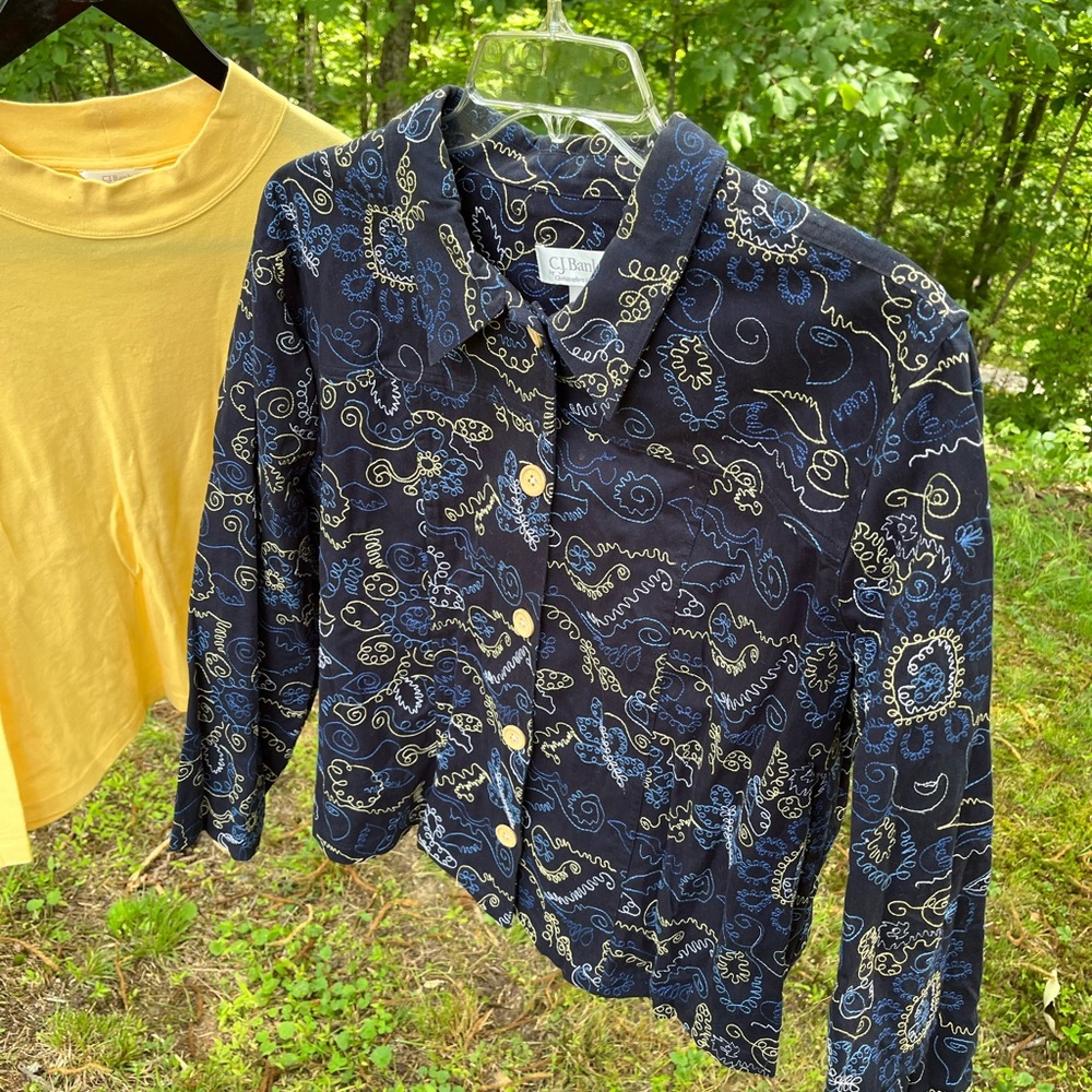 CJ Banks 2X embroidered blue jacket and yellow sleeveless mock turtleneck